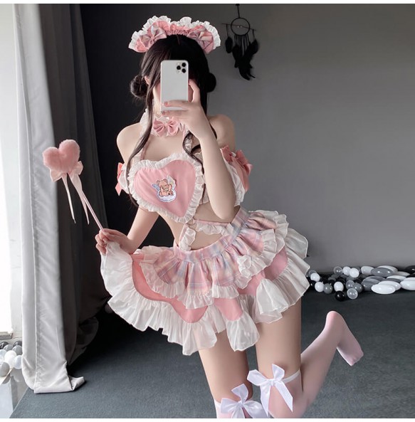 FEE ET MOI - Cute Maid Heart-Shaped Backless Dress With Stockings (Pink - White)